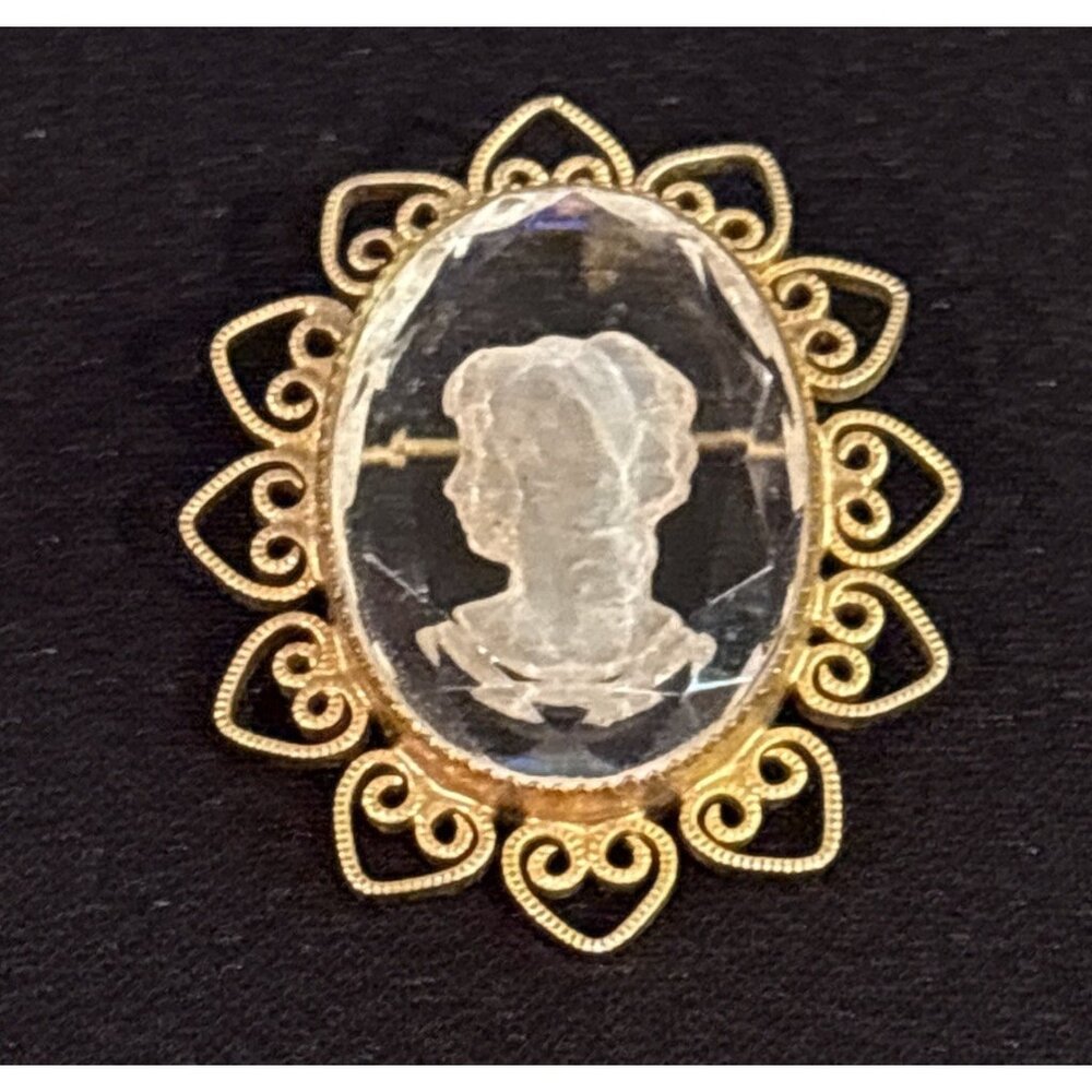 Vintage Cameo Pin Brooch Framed Glass Crystal Gold Tone 1980s